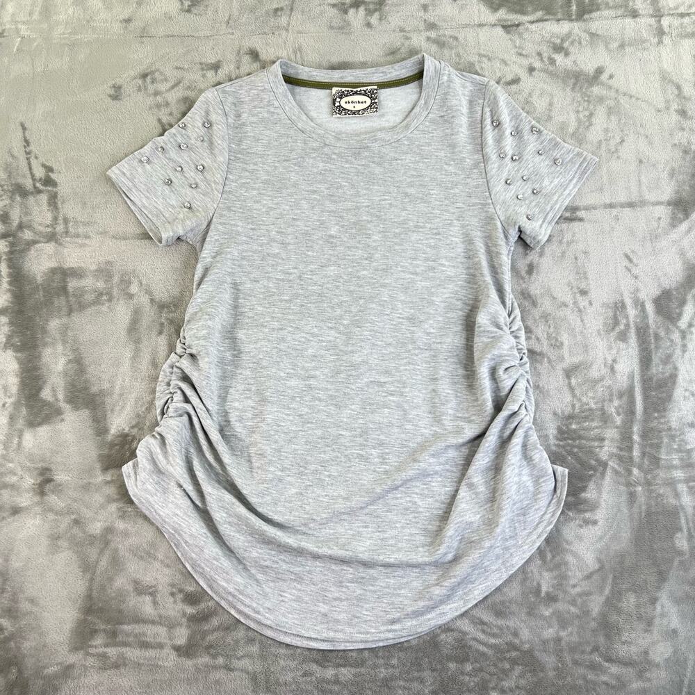 Skönhet Ruched Sides Short Sleeve Shirt Womens Size S Gray Rhinestone Sleeves